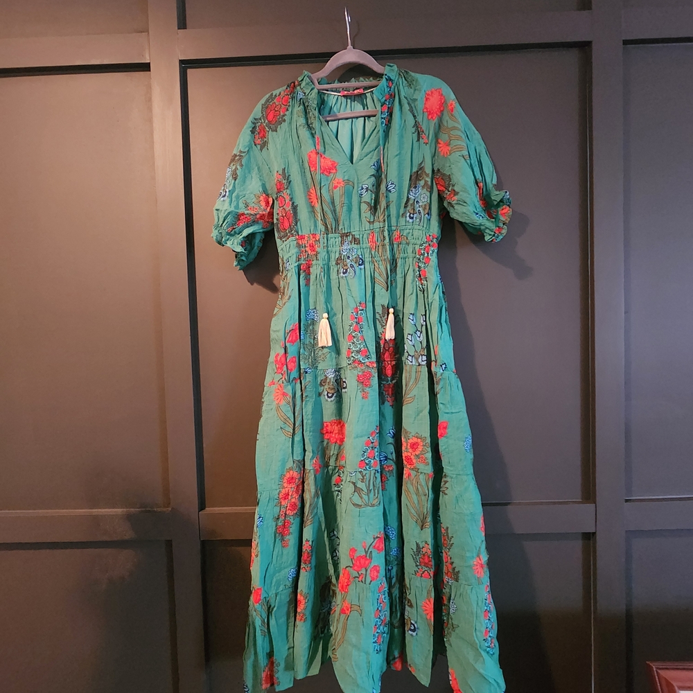 THML Green Dress with Red Floral Embroidery